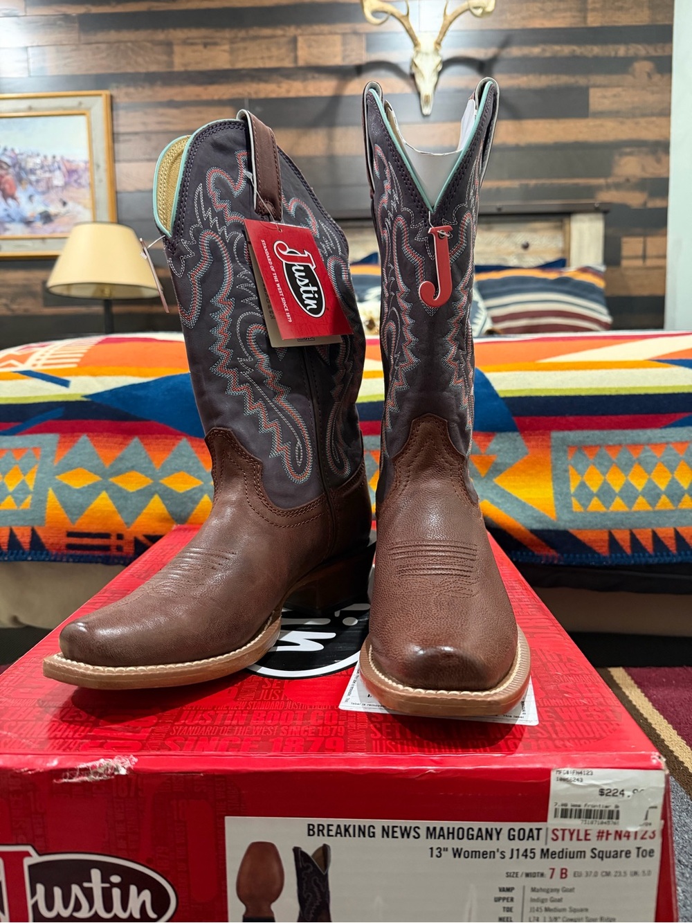 Justin Boots Mahogany Brown Western Cowgirl Boots with Dark Embroidered Shaft